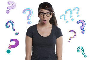 Surprised woman surrounded by multi-colored question marks